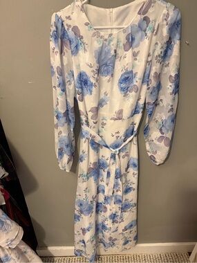 White Floral Midi Dress with Blue Roses